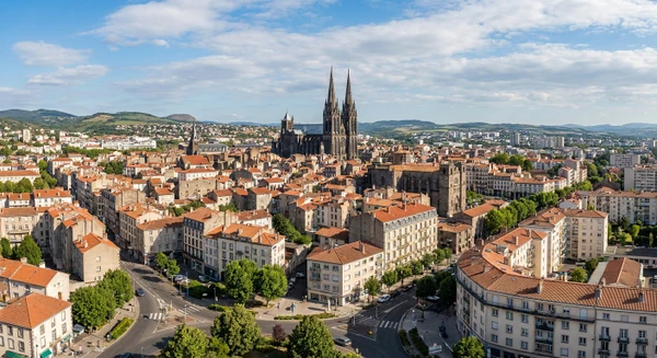 Photographie de la cath&eacute;drale de Clermont-Ferrand ou du skyline de Clermont-Ferrand avec ses b&acirc;timents caract&eacute;ristiques, captur&eacute;e en conditions r&eacute;elles de jour, montrant clairement l'identit&eacute; visuelle de la ville. L'image doit &ecirc;tre une photographie r&eacute;elle de qualit&eacute; professionnelle, claire et reconnaissable, sans texte ni logo.