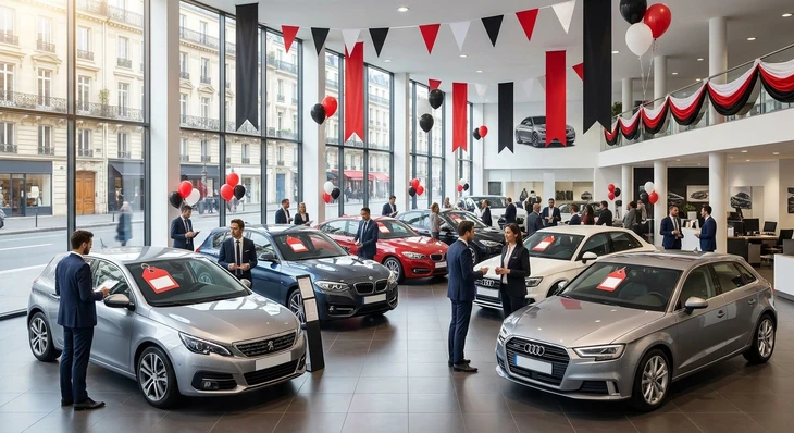 Concession automobile moderne avec vendeur en costume présentant véhicules neufs à client potentiel